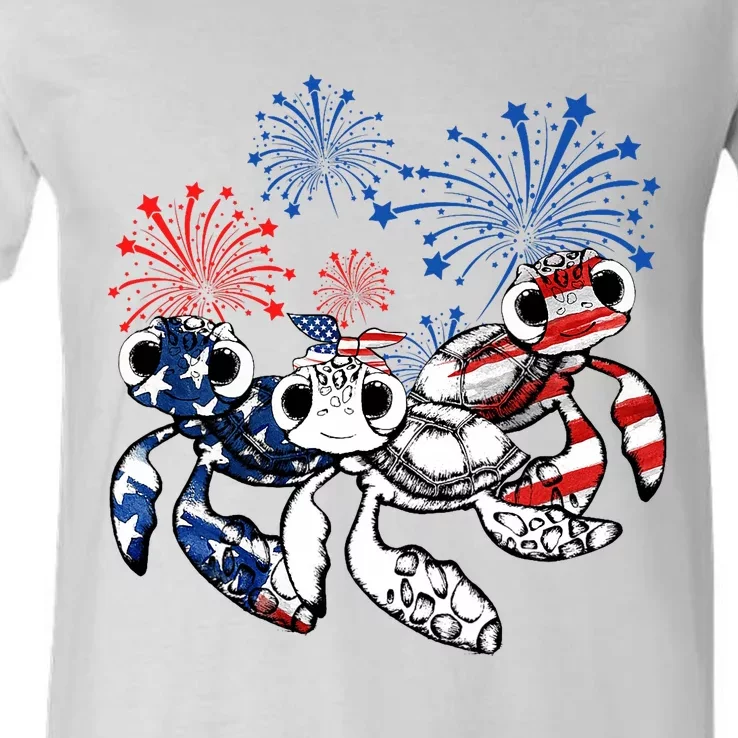 Sea Turtles 4th Of July American Usa Flag Patriotic V-Neck T-Shirt