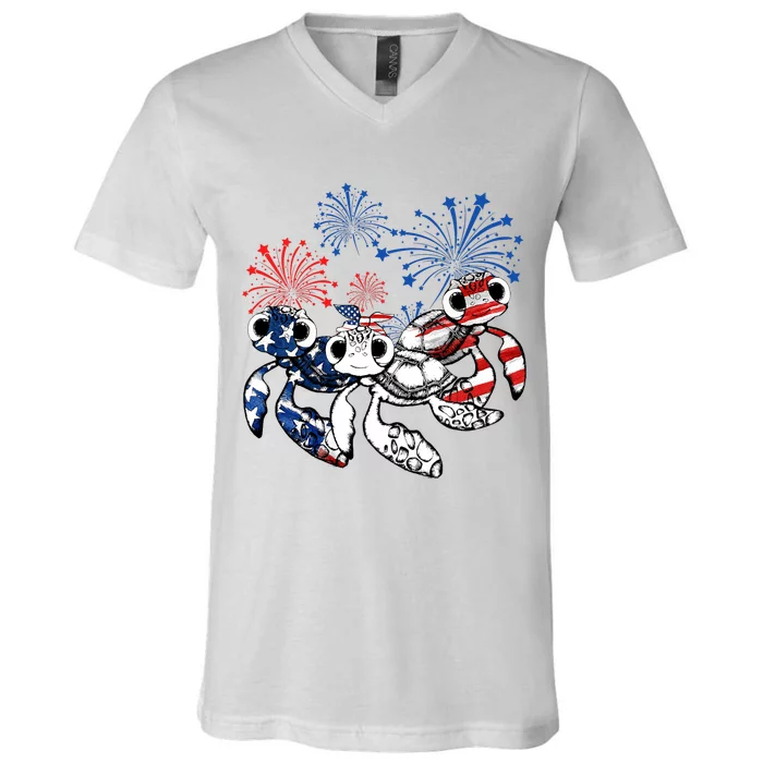 Sea Turtles 4th Of July American Usa Flag Patriotic V-Neck T-Shirt