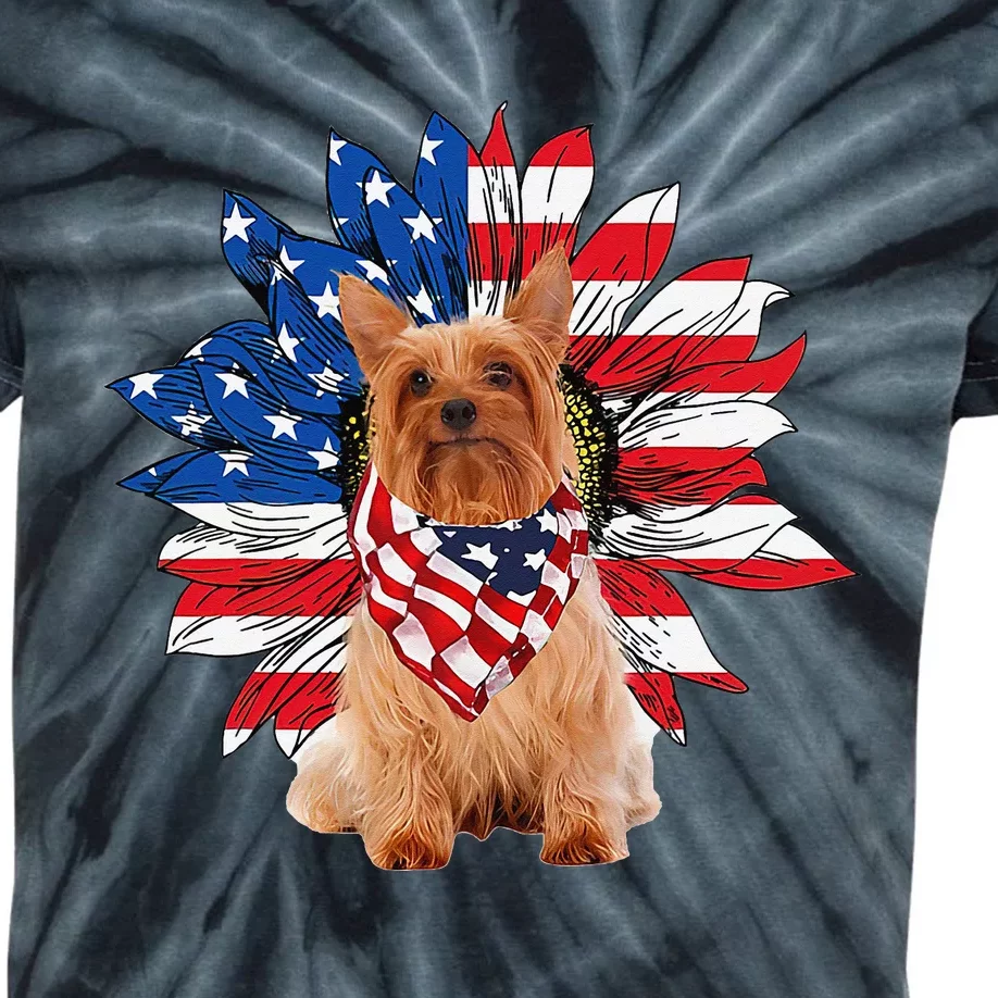 Silky Terrier American Flag Sunflower Dog Lovers 4th Of July Kids Tie-Dye T-Shirt