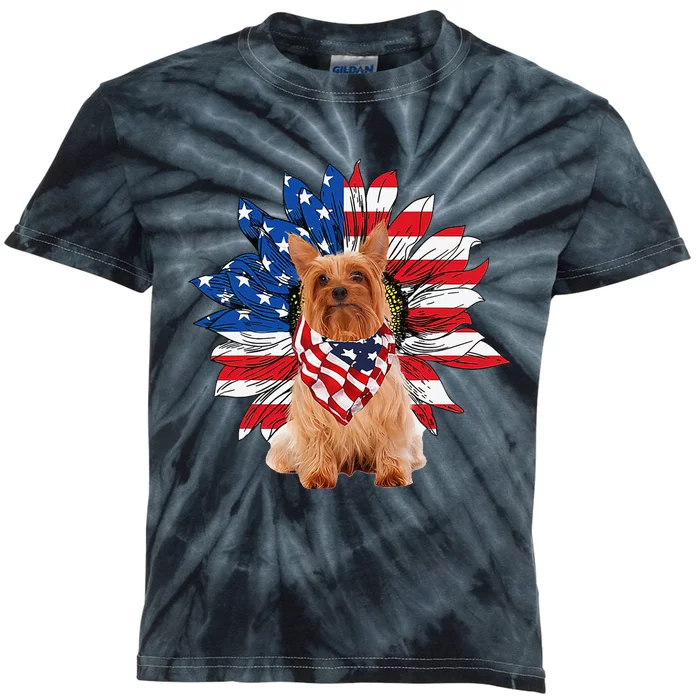 Silky Terrier American Flag Sunflower Dog Lovers 4th Of July Kids Tie-Dye T-Shirt