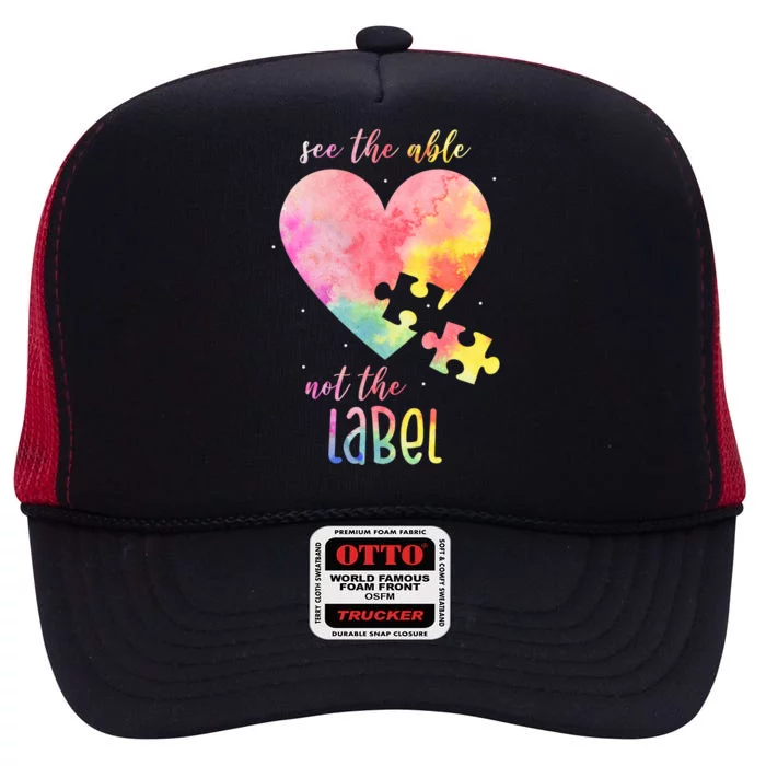 See The Able Not The Label Colorful Autism Puzzle Heart High Crown Mesh Trucker Hat