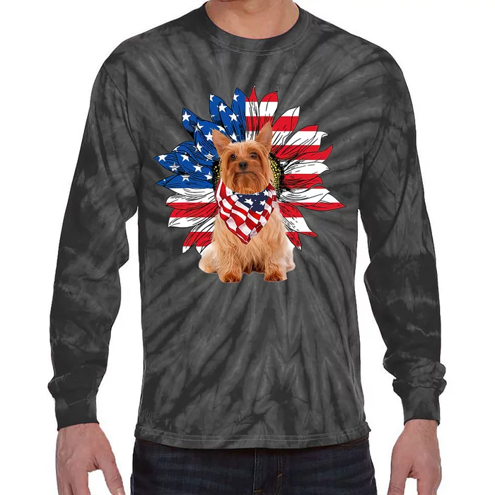 Silky Terrier American Flag Sunflower Dog Lovers 4th Of July Tie-Dye Long Sleeve Shirt