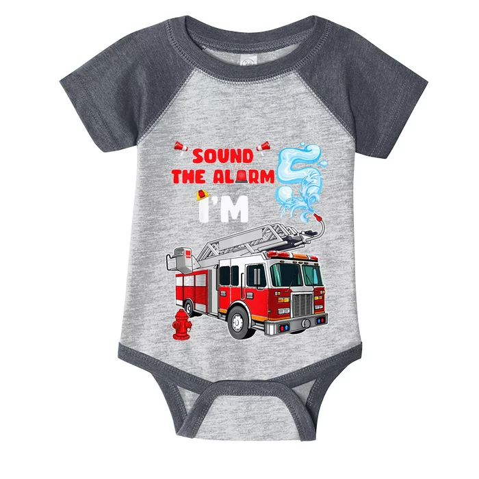 Sound the Alarm I'm 5! Fire Truck Firefighter Birthday Infant Baby Jersey Bodysuit