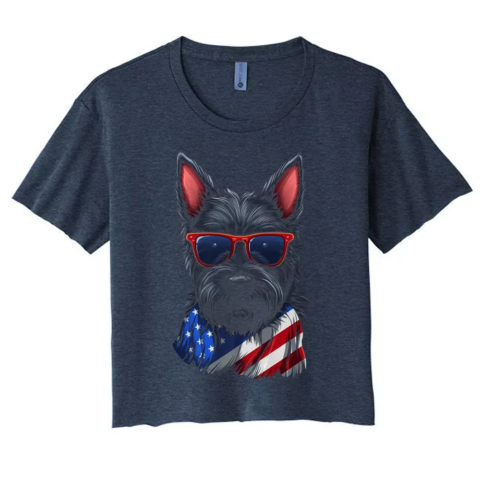 Scottish Terrier American Flag US Tee 4th July Gifts Graphic Women's Crop Top Tee