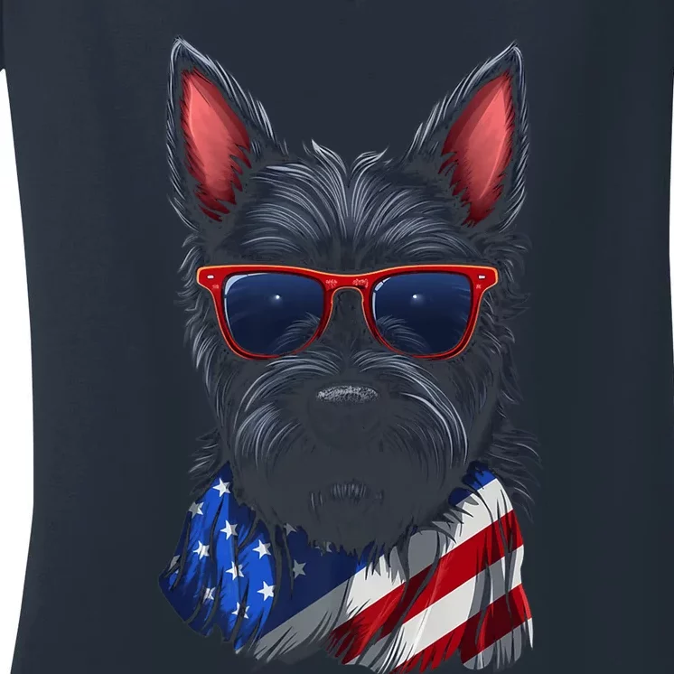 Scottish Terrier American Flag US Tee 4th July Gifts Graphic Women's V-Neck T-Shirt