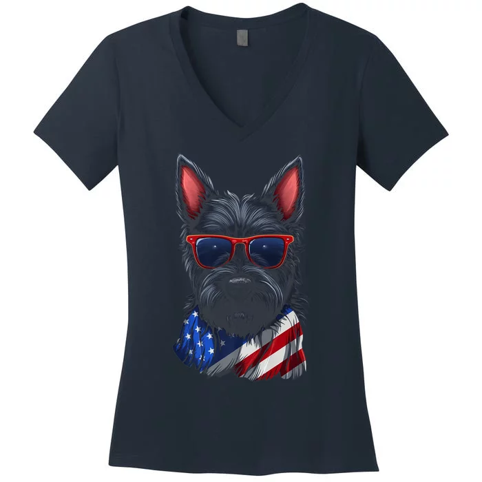 Scottish Terrier American Flag US Tee 4th July Gifts Graphic Women's V-Neck T-Shirt