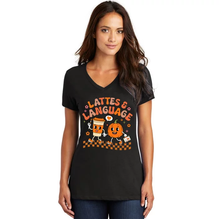 Speech Therapy Autumn Pumpkin Lattes And Language Women's V-Neck T-Shirt