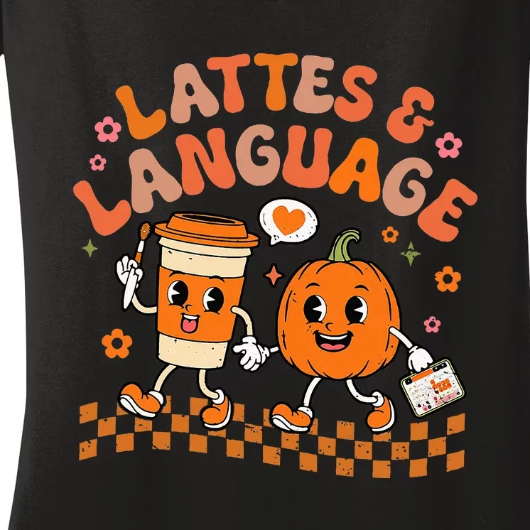 Speech Therapy Autumn Pumpkin Lattes And Language Women's V-Neck T-Shirt