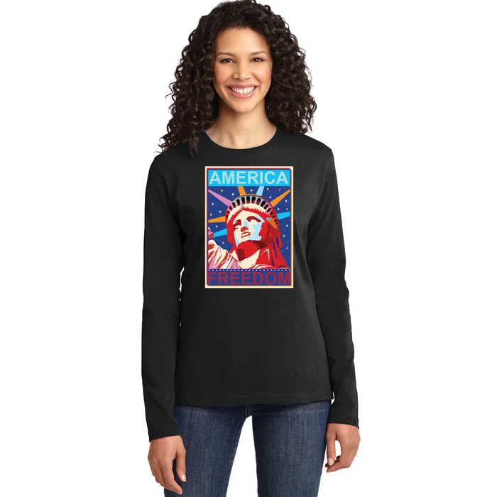 Statue of Liberty America Freedom Retro Vote Poster Ladies Long Sleeve Shirt