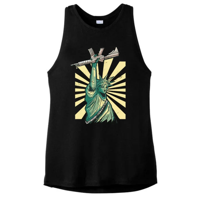 Statue Of Liberty Holding Gun Ladies Tri-Blend Wicking Tank