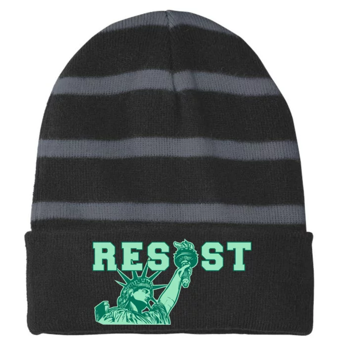 Statue of Liberty Resist Graphic Resistance Anti Trump Striped Beanie with Solid Band