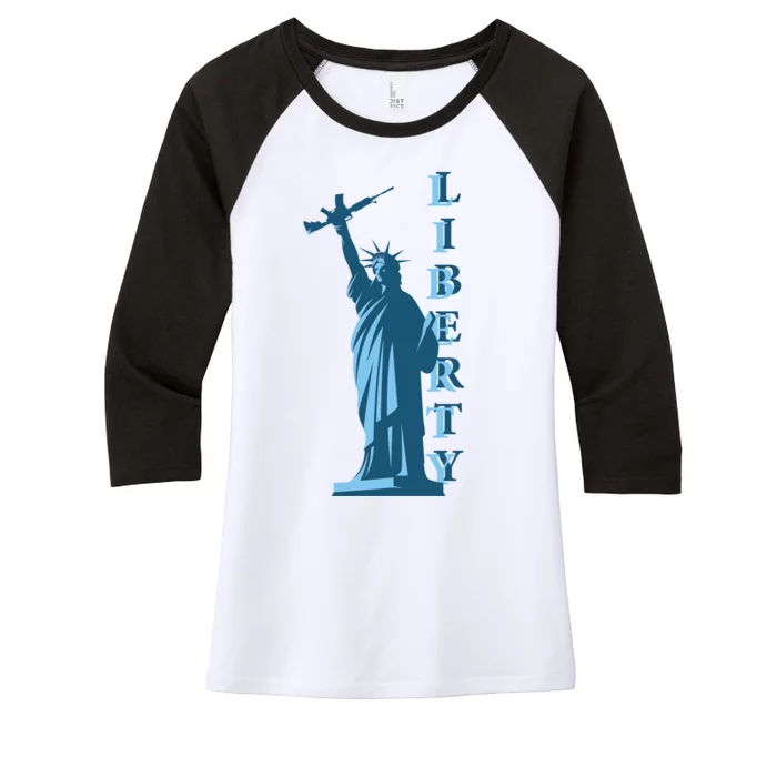 Stature Of Liberty Holding AR-15 Assault Rifle Women's Tri-Blend 3/4-Sleeve Raglan Shirt