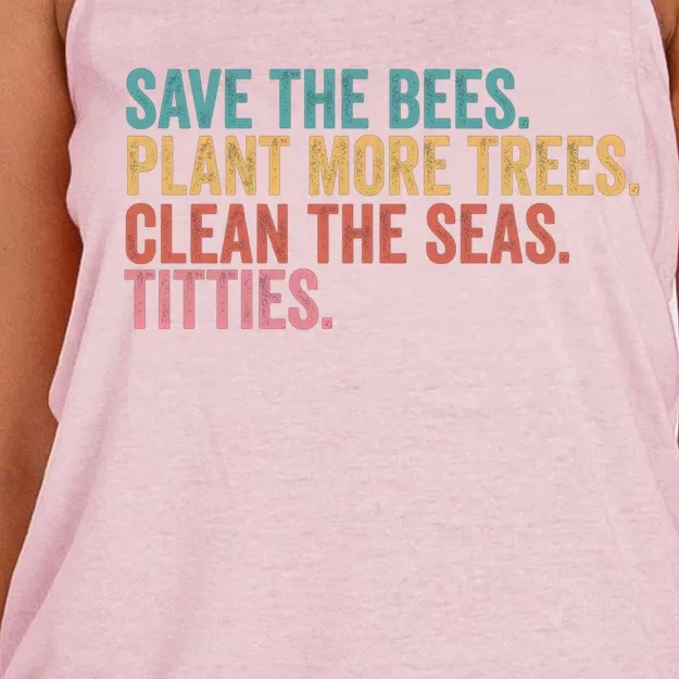 Save The Bees Plant More Trees Clean The Seas Titties Cool Gift Women's Knotted Racerback Tank