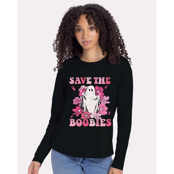 Save The Boobies Pink Ghost Woman Breast Cancer Halloween Womens Cotton Relaxed Long Sleeve T-Shirt