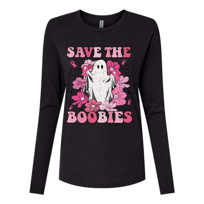 Save The Boobies Pink Ghost Woman Breast Cancer Halloween Womens Cotton Relaxed Long Sleeve T-Shirt