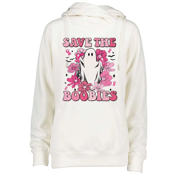 Save The Boobies Pink Ghost Woman Breast Cancer Halloween Womens Funnel Neck Pullover Hood