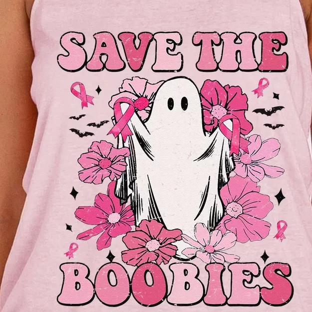 Save The Boobies Pink Ghost Woman Breast Cancer Halloween Women's Knotted Racerback Tank