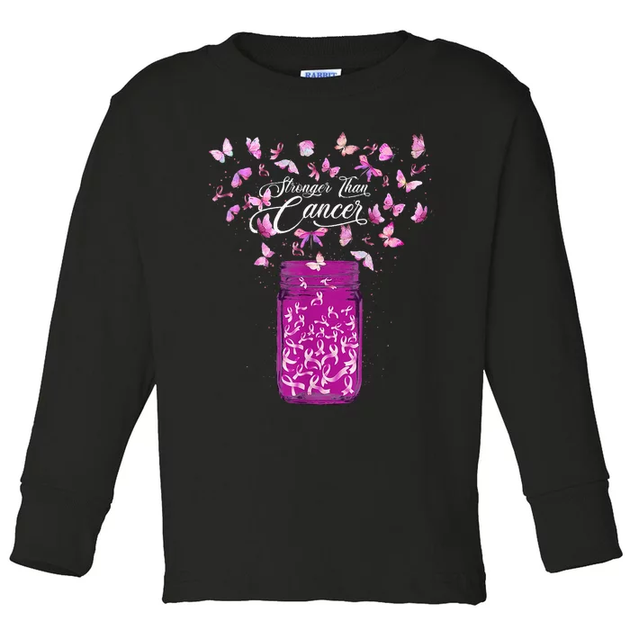 stronger than breast cancer awareness pink ribbon butterfly Toddler Long Sleeve Shirt