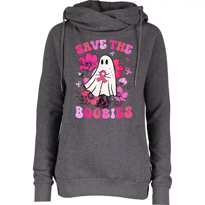 Save The Boobies Pink Ghost Wo Breast Cancer Halloween Womens Funnel Neck Pullover Hood