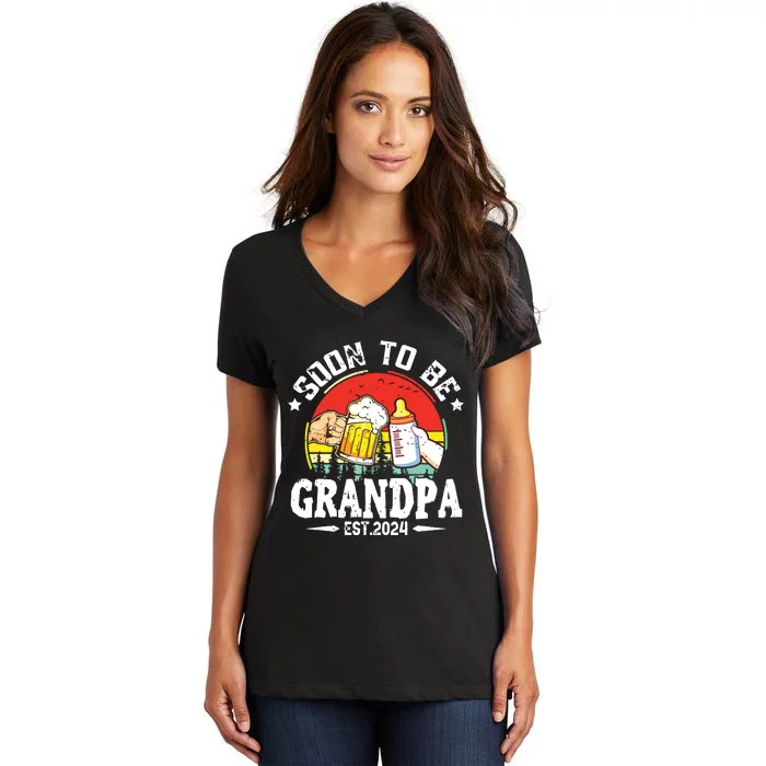 Soon To Be Grandpa 2024 Retro Pregnancy Announcement Dad Women's V-Neck T-Shirt