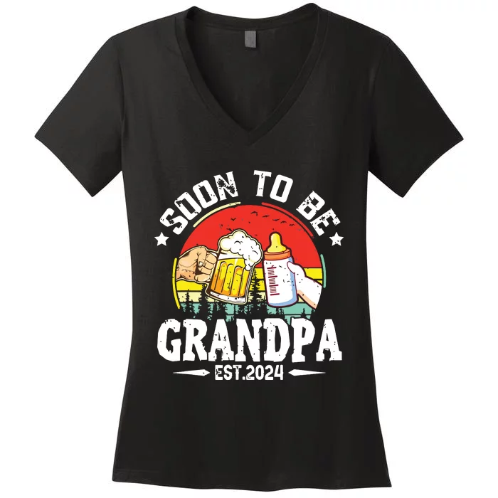 Soon To Be Grandpa 2024 Retro Pregnancy Announcement Dad Women's V-Neck T-Shirt