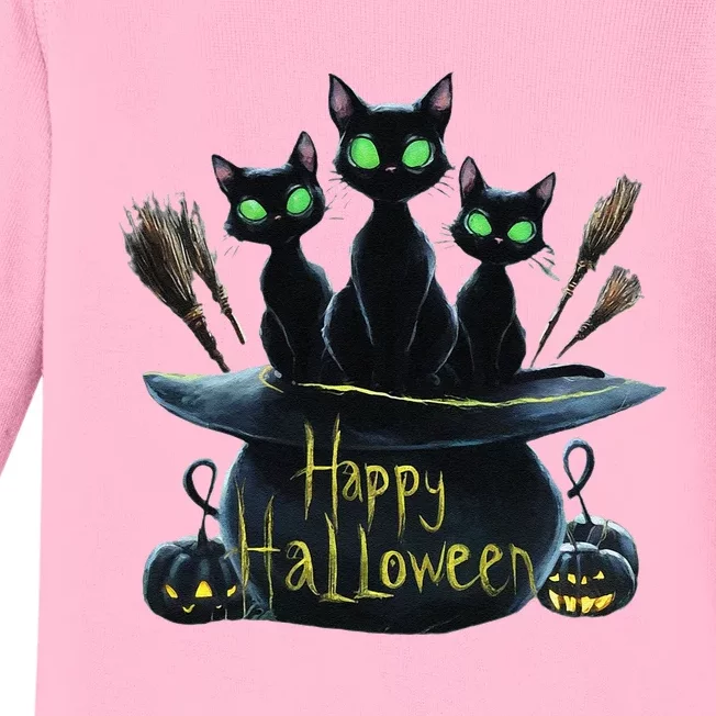 Spooky Trio Black Cats In A Cauldron Halloween Baby Long Sleeve Bodysuit