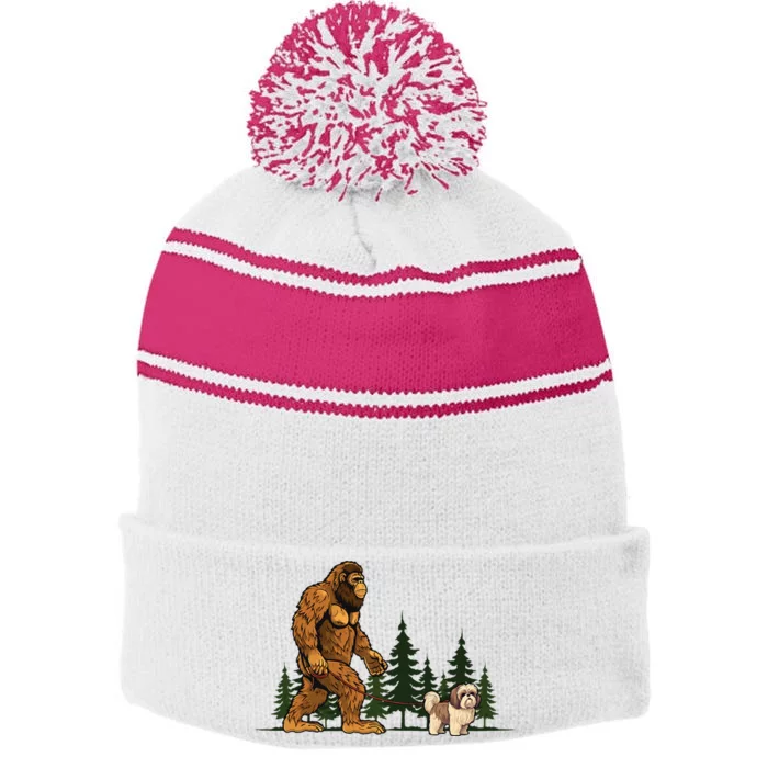 Shih Tzu Bigfoot Dog Walking Dog Mom Dad Stripe Pom Pom Beanie