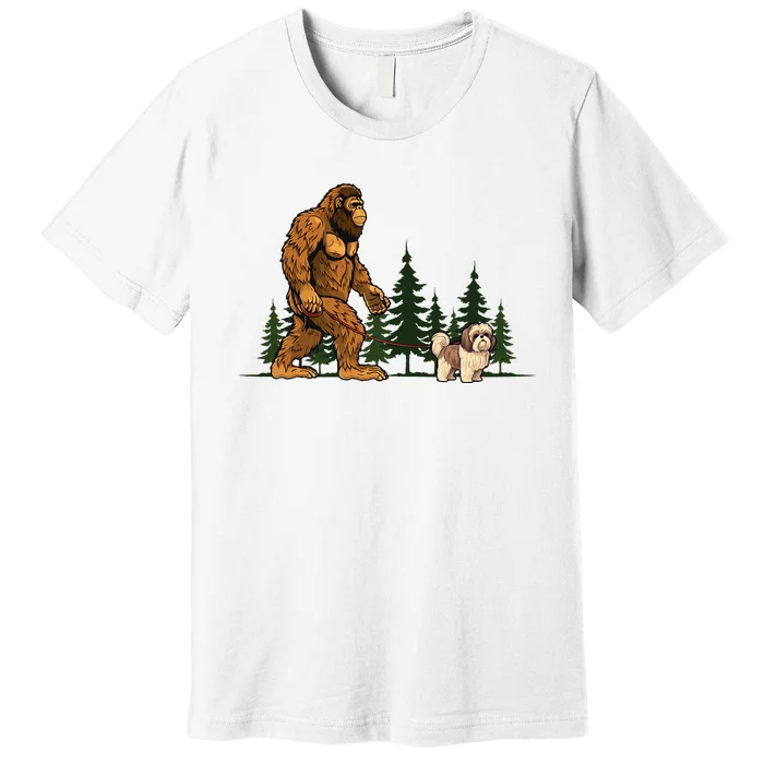 Shih Tzu Bigfoot Dog Walking Dog Mom Dad Premium T-Shirt