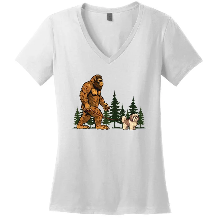 Shih Tzu Bigfoot Dog Walking Dog Mom Dad Women's V-Neck T-Shirt