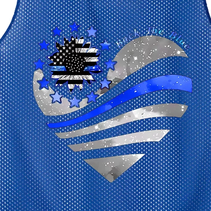 Sunflower Thin Blue Line Police Heart Back The Blue Law Enfo Cute Gift Mesh Reversible Basketball Jersey Tank