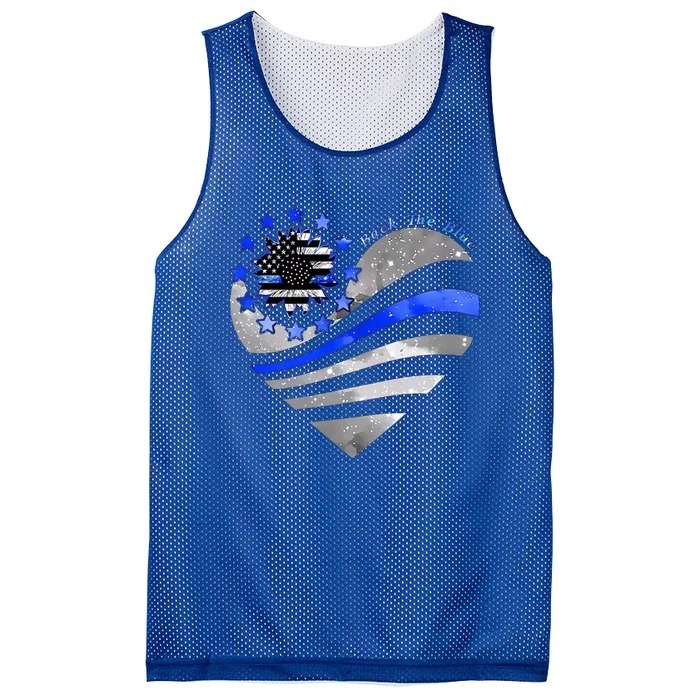 Sunflower Thin Blue Line Police Heart Back The Blue Law Enfo Cute Gift Mesh Reversible Basketball Jersey Tank