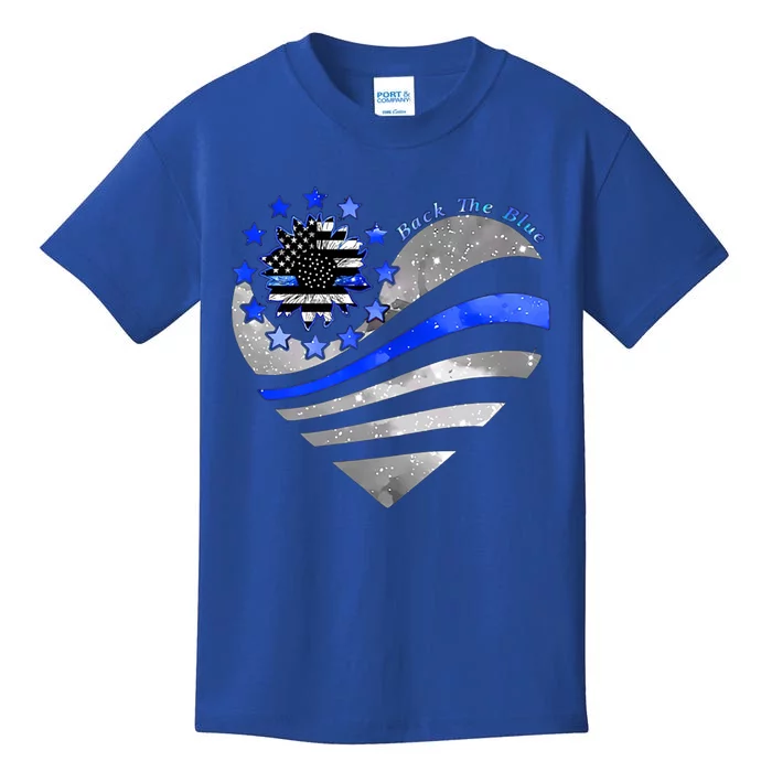 Sunflower Thin Blue Line Police Heart Back The Blue Law Enfo Cute Gift Kids T-Shirt