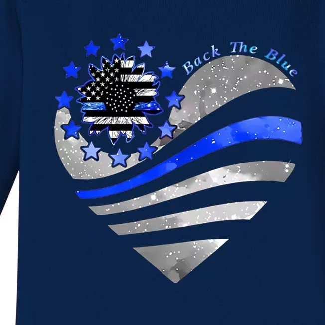 Sunflower Thin Blue Line Police Heart Back The Blue Law Enfo Cute Gift Baby Long Sleeve Bodysuit