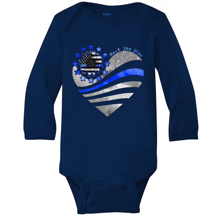 Sunflower Thin Blue Line Police Heart Back The Blue Law Enfo Cute Gift Baby Long Sleeve Bodysuit