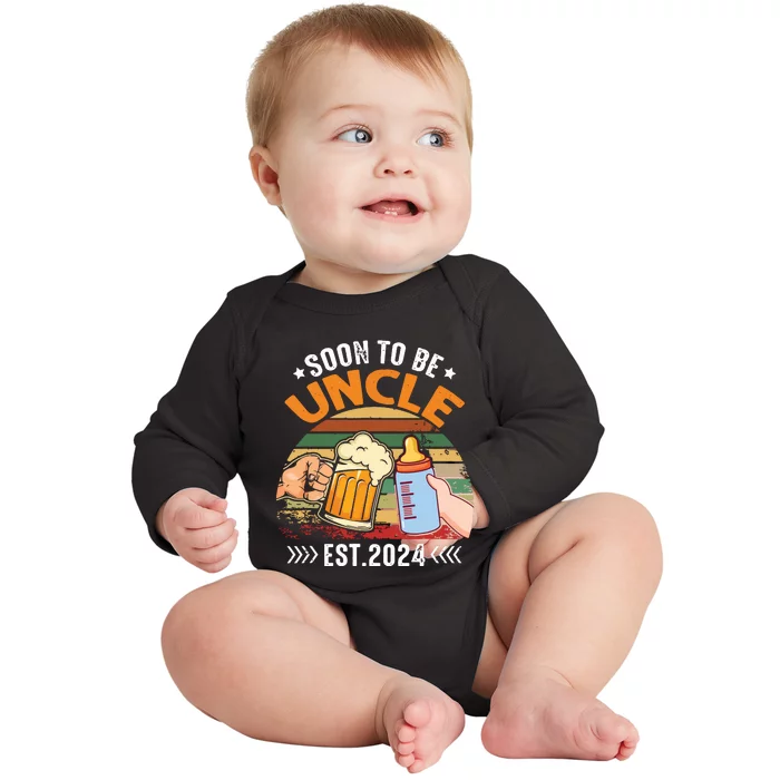 Soon To Be Uncle Again 2024 Funny Pregnancy Announcement Dad Baby Long Sleeve Bodysuit