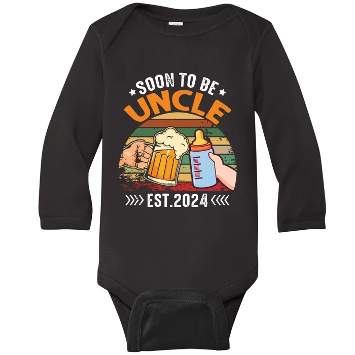 Soon To Be Uncle Again 2024 Funny Pregnancy Announcement Dad Baby Long Sleeve Bodysuit