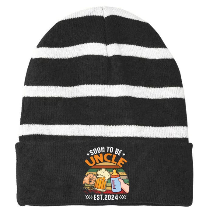 Soon To Be Uncle Again 2024 Funny Pregnancy Announcement Dad Striped Beanie with Solid Band