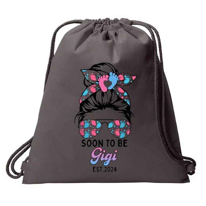 Soon To Be Gigi Est 2024 Messy Bun Pregnancy Announcement Drawstring Bag