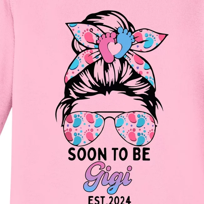 Soon To Be Gigi Est 2024 Messy Bun Pregnancy Announcement Baby Long Sleeve Bodysuit