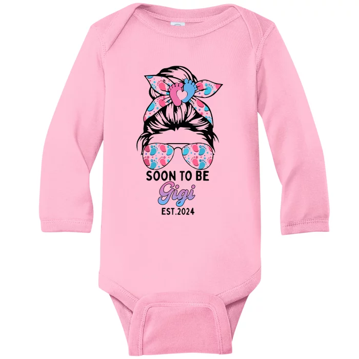 Soon To Be Gigi Est 2024 Messy Bun Pregnancy Announcement Baby Long Sleeve Bodysuit