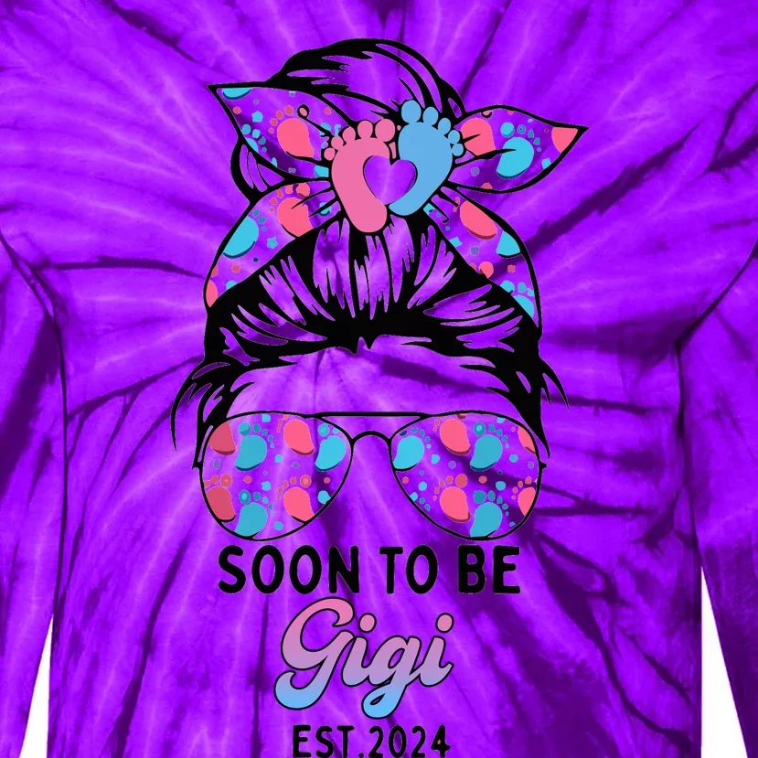 Soon To Be Gigi Est 2024 Messy Bun Pregnancy Announcement Tie-Dye Long Sleeve Shirt