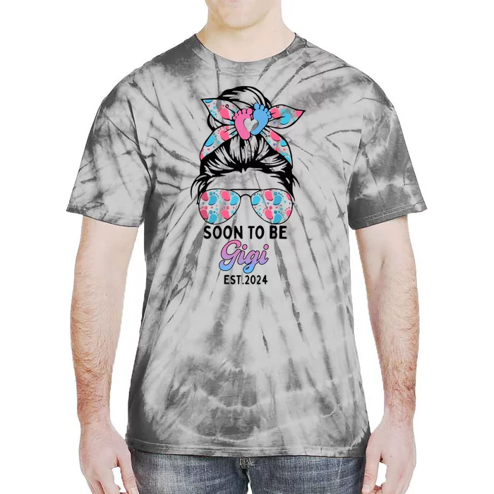 Soon To Be Gigi Est 2024 Messy Bun Pregnancy Announcement Tie-Dye T-Shirt