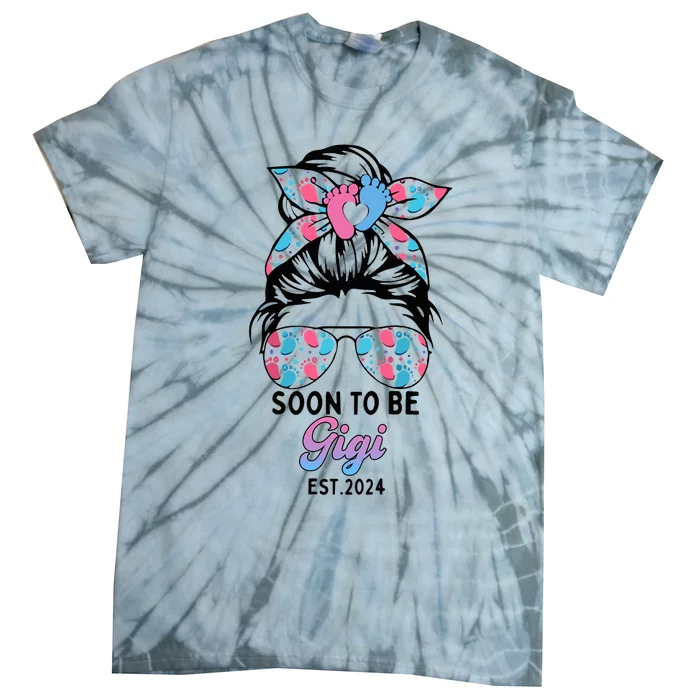 Soon To Be Gigi Est 2024 Messy Bun Pregnancy Announcement Tie-Dye T-Shirt