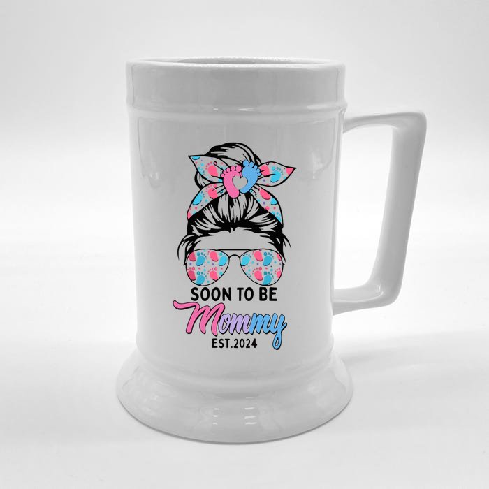 Soon To Be Mommy Est 2024 Messy Bun Pregnancy Announcement Front & Back Beer Stein