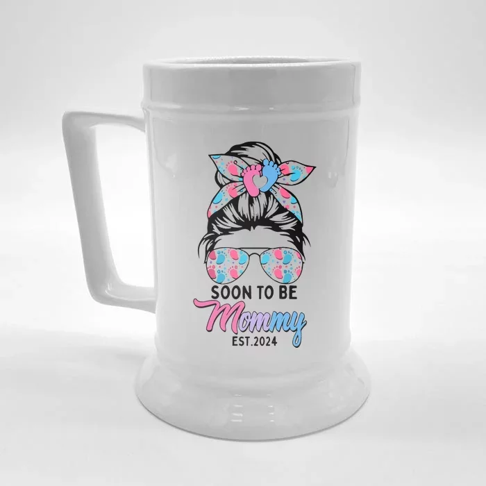 Soon To Be Mommy Est 2024 Messy Bun Pregnancy Announcement Front & Back Beer Stein