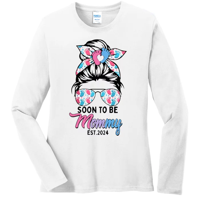 Soon To Be Mommy Est 2024 Messy Bun Pregnancy Announcement Ladies Long Sleeve Shirt