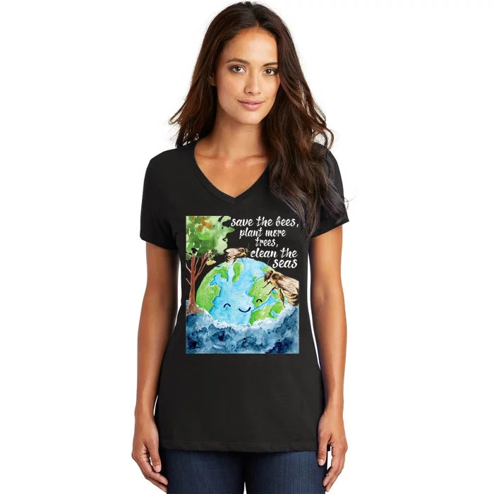 Save The Bees Environmental Protection Earth Day Climate Women's V-Neck T-Shirt