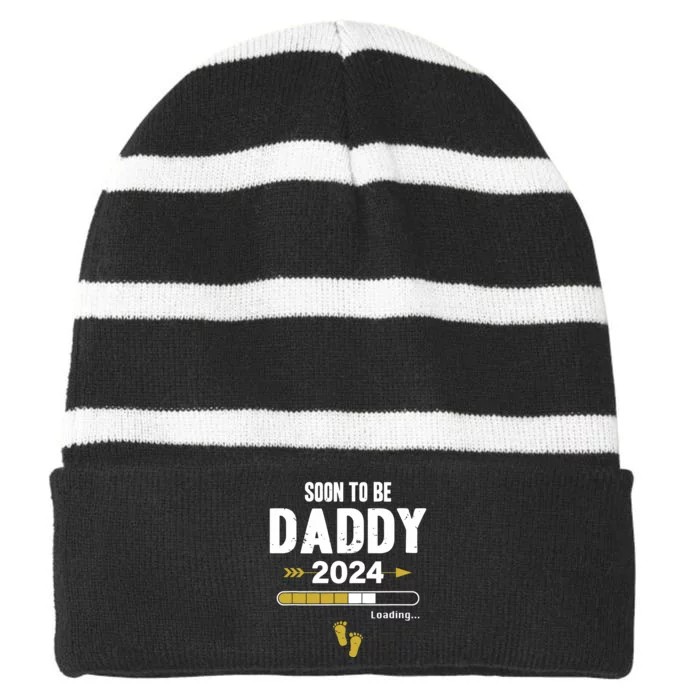 Soon To Be Daddy 2024 Loading Father Pregnancy Birth Baby Striped Beanie with Solid Band