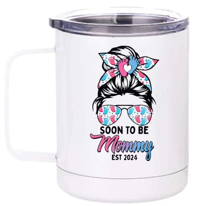 Soon To Be Mommy Est 2024 Messy Bun Pregnancy Announcement Front & Back 12oz Stainless Steel Tumbler Cup