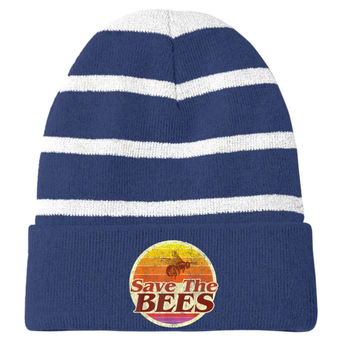 Save The Bees Funny Vintage Retro Distressed Striped Beanie with Solid Band